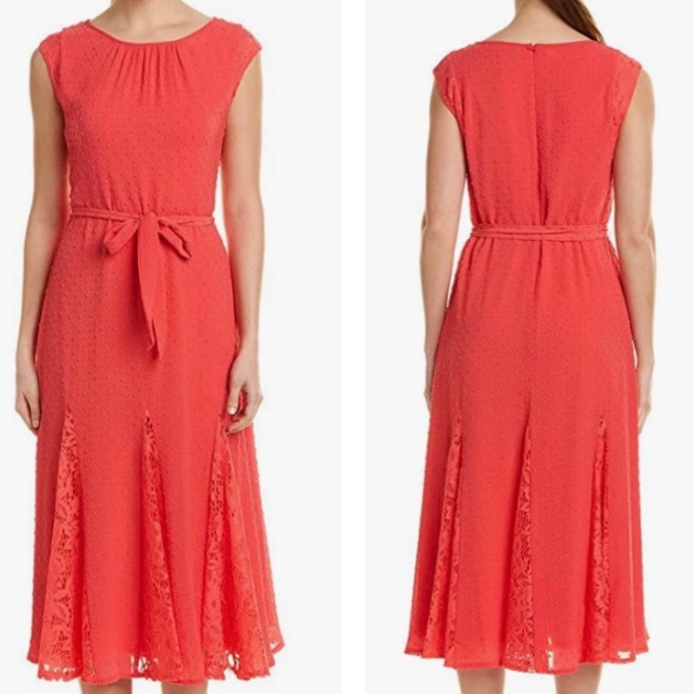 Womens Size 8 TAYLOR Midi Dress Flowy Slinky Sash tie Belt Textured Lace New